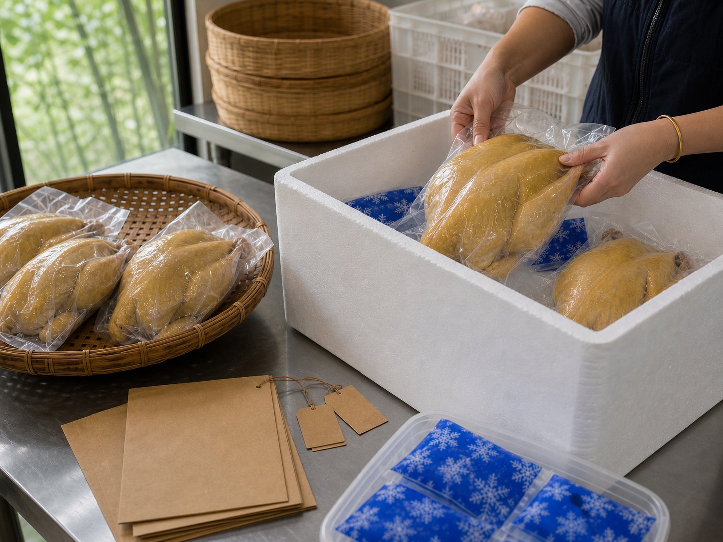 真空包装杏花鸡放入蓄冷泡沫箱
